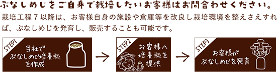 ぶなしめじをご自身で栽培したいお客様はお問合わせください。栽培工程７以降は、お客様自身の施設や倉庫等を改良し栽培環境を整えさえすれば、ぶなしめじを発育し、販売することも可能です。